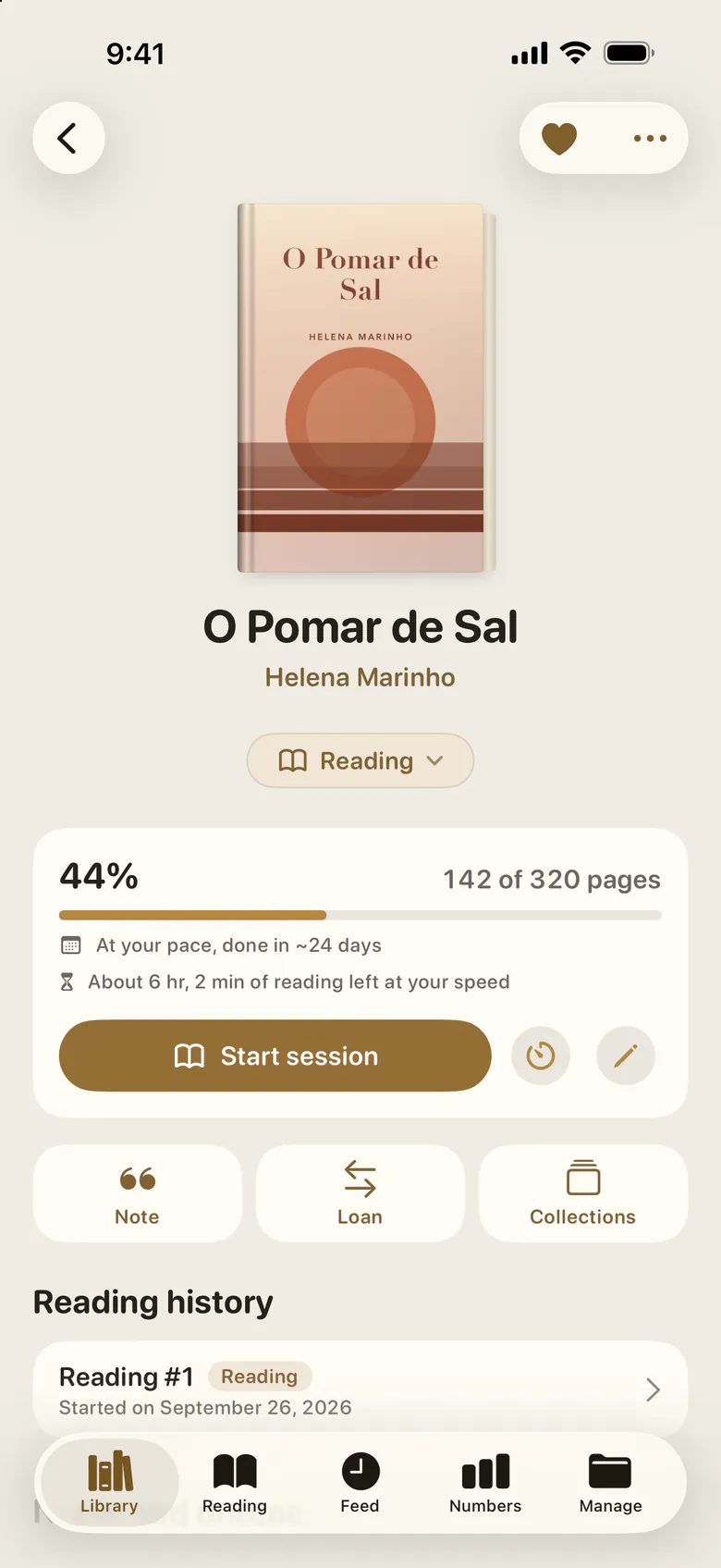 A book’s page: its cover, how far the reading has got, a button to start a session, and its notes, loans and history below.