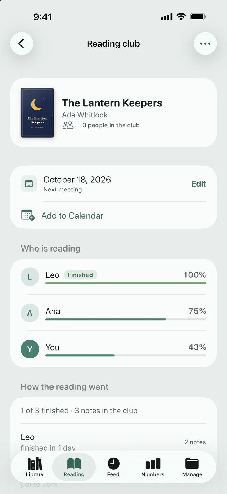 A reading club: the book, the next meeting and how far each member has read.