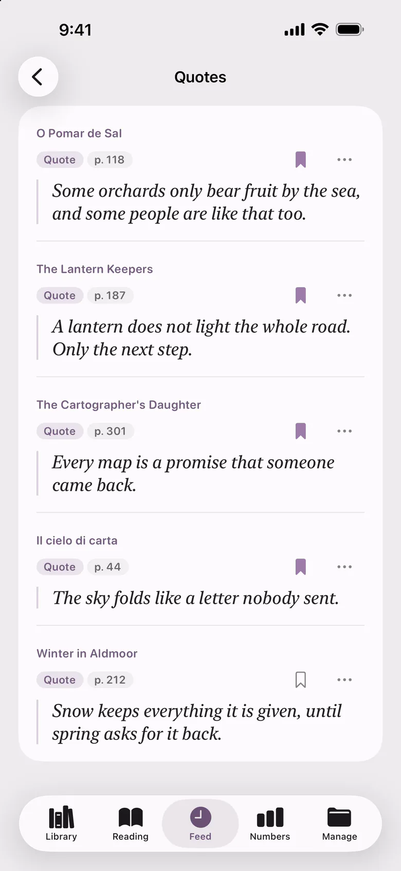 The quotes: lines from several books, each with its page.