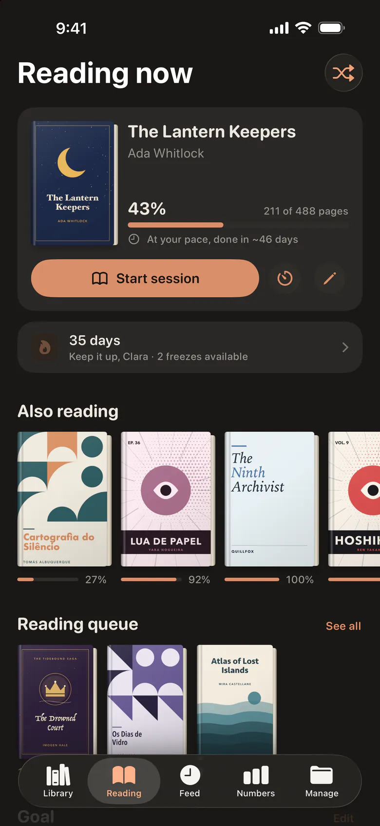 The Reading tab in dark mode: the book in focus with its progress and a button to start a session, then the other books being read and the reading queue.
