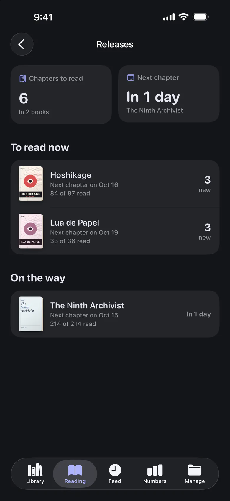 Releases in dark mode: chapters waiting in two serials, and when the next one is due.